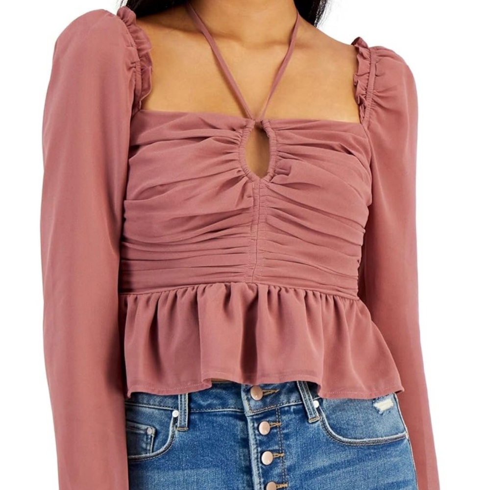 Astr the Label Toni Ruched Peplum Halter Tie Blouse in Dusty Rose